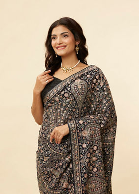Midnight Blue Paisley Embroidered Sequined Saree image number 1